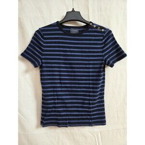 Chaps Classics Striped T Shirt S Blue Black 100% Cotton Gold Button Shoulder